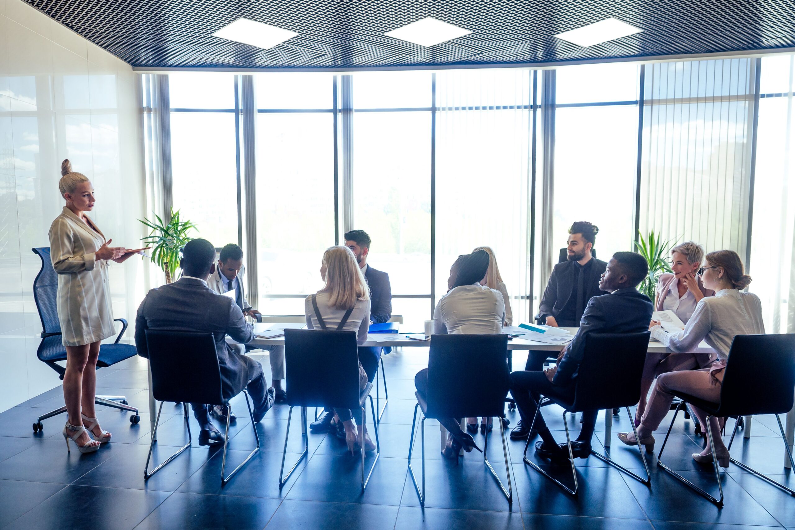 A business meeting with diverse attendees around a conference table, a woman standing and presenting.